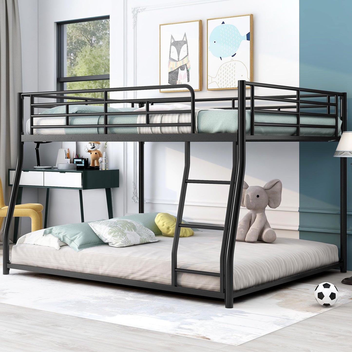 Bellemave Metal Full XL Over Queen bunk Bed, Floor Twin XL Over Queen Bunk Bed Frame with Ladder and Guardrails,Black no slats