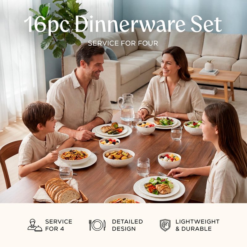 Joseph Sedgh Collection 16-piece Porcelain Dinnerware Set, Service for 4, Greek Key White