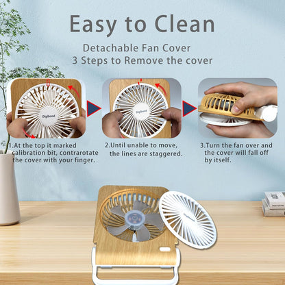 Small Quiet Desk Fan, 5in Rotatable, Foldable & Rechargeable, 3000mAh Battery Operated, Strong Airflow (Light Wood)