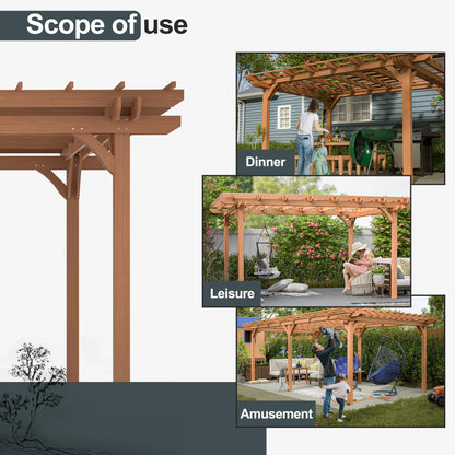 Echo Voyage 12' x 14' Outdoor Wood Pergola, Wooden Patio Pergola Gazebo for Climbing Plant Support, Garden,Brown