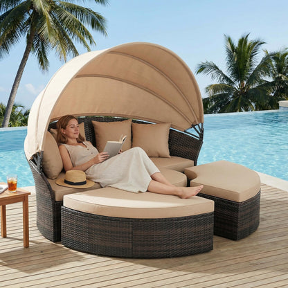 Oakmont Outdoor Patio Daybed with Retractable Canopy, Wicker Rattan Sectional Round Sofa Furniture Set, 5 Pieces Seating Separates Cushioned Seats for Lawn Garden Backyard Porch Pool, Brown