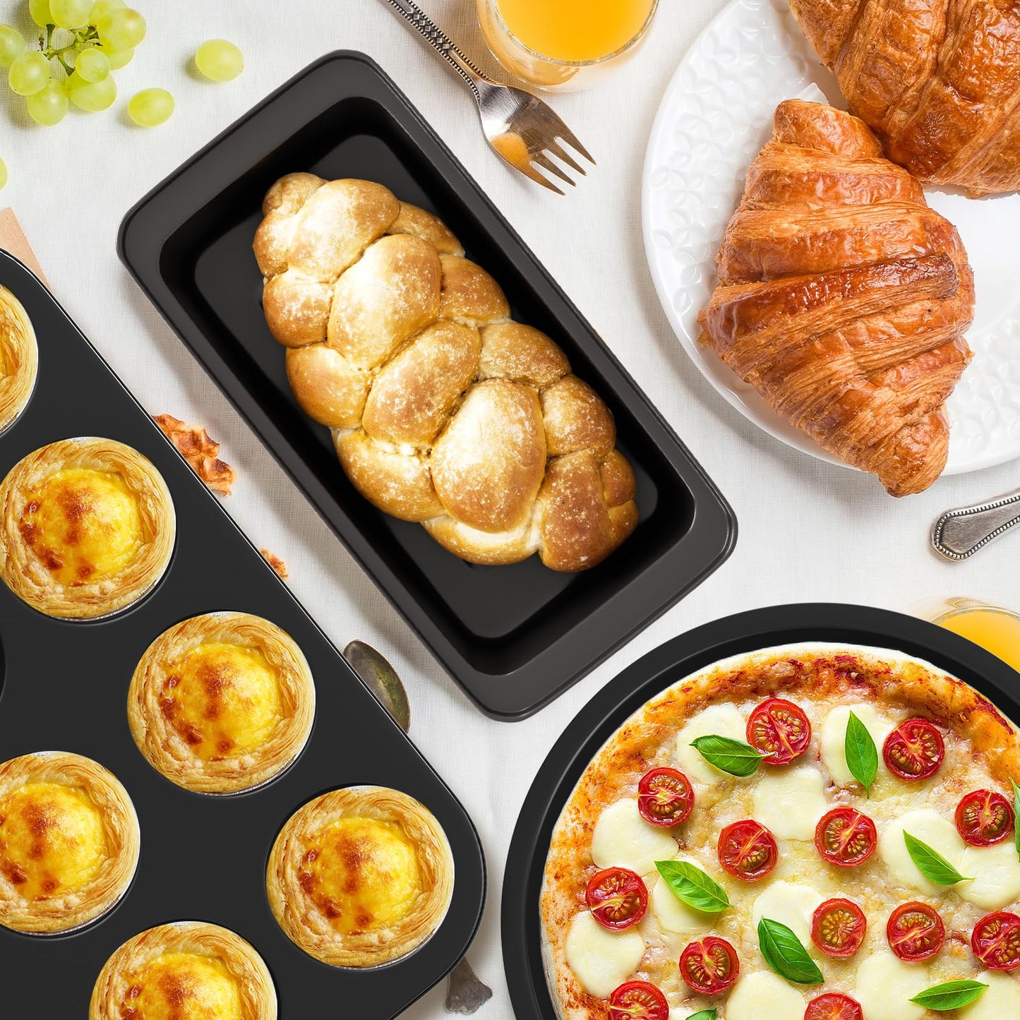 CasaCulina Baking Pans Set, 5-Piece Nonstick Bakeware Sets with Round/Square Cake Pan, Muffin Loaf Roast Pan, Baking Sheets for Oven, Kitchen Cookware Sets Baking Tray Baking Supplies, Black