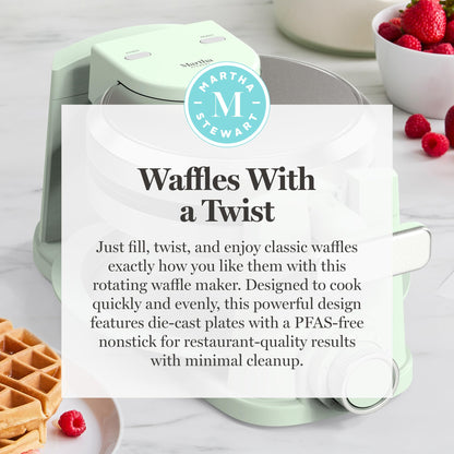 Martha Stewart Rotating Waffle Maker, 180° Flip Iron with PFAS-Free Nonstick Plates, Adjustable Timer, Ready Light, Drip Tray, Space Saving, Classic Round 7”, Easy to Clean, Stainless Steel, Honeydew