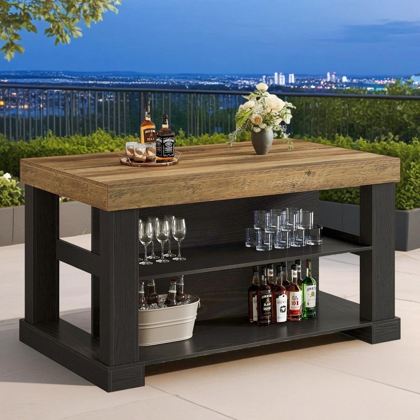 Tribesigns Kitchen Island with Storage, 55-Inch Farmhouse Stationary Island Table with Large Countertop, 3-Tier Wooden Center Bar Table for Kitchen, Dining Room, Black and Brown