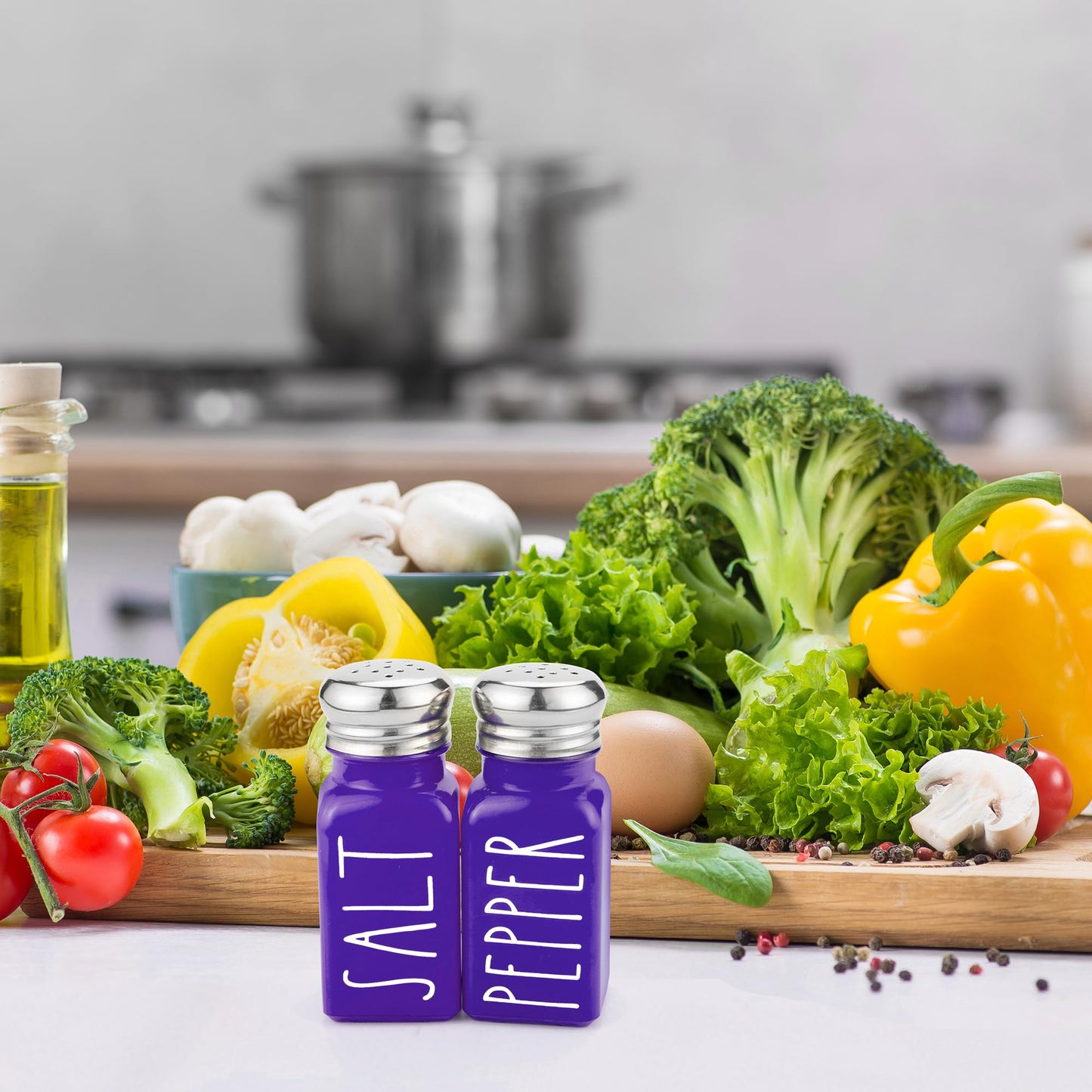 Purple Salt and Pepper Shakers Set by Brighter Barns - Modern Farmhouse Kitchen Decor and Accessories - Cute Salt and Pepper Set - Glass Shakers & Stainless Steel Lids for Home, Restaurants (Purple)