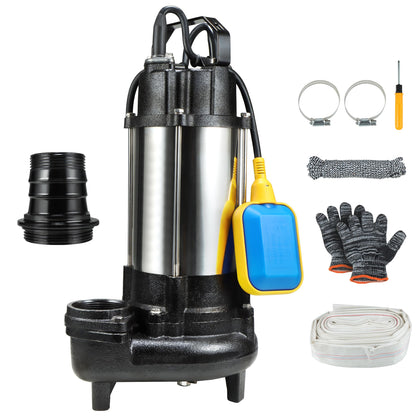 Sewage Grinder Pump, 1HP Submersible Sump Pump, 110V 6400GPH Stainless Steel Effluent Pumps with Automatic Float Switch, 2'' NPT Discharge for Basement, Sump Basin, Sewage Well