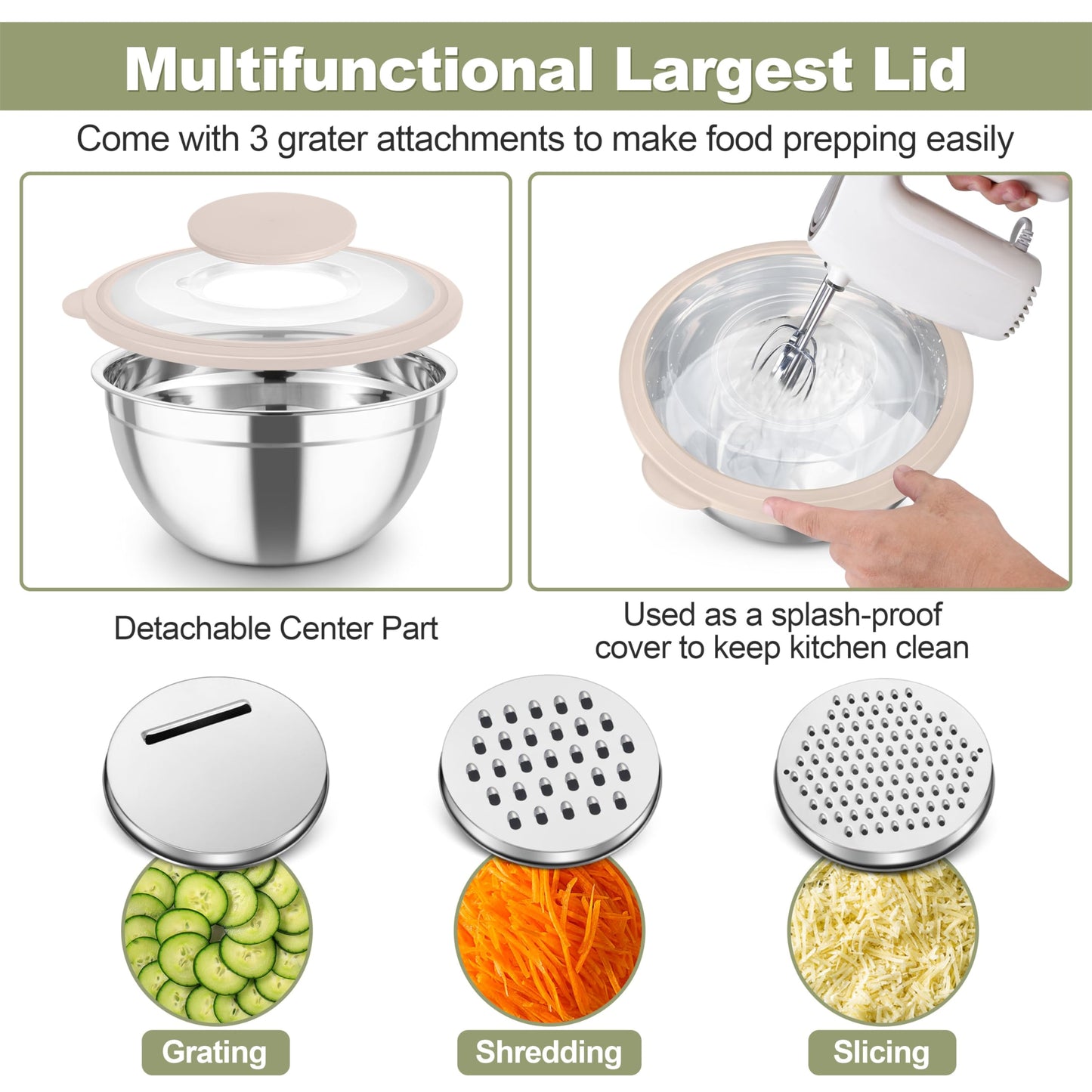 TeamFar Mixing Bowls, Stainless Steel Salad Serving Bowl with Clear Lids & 3 Graters, For Kitchen Cooking Prepping Storing, Size 4.6/2.6/1.5/1/0.7 QT, Nesting & Airtight, Set of 5 & Khaki