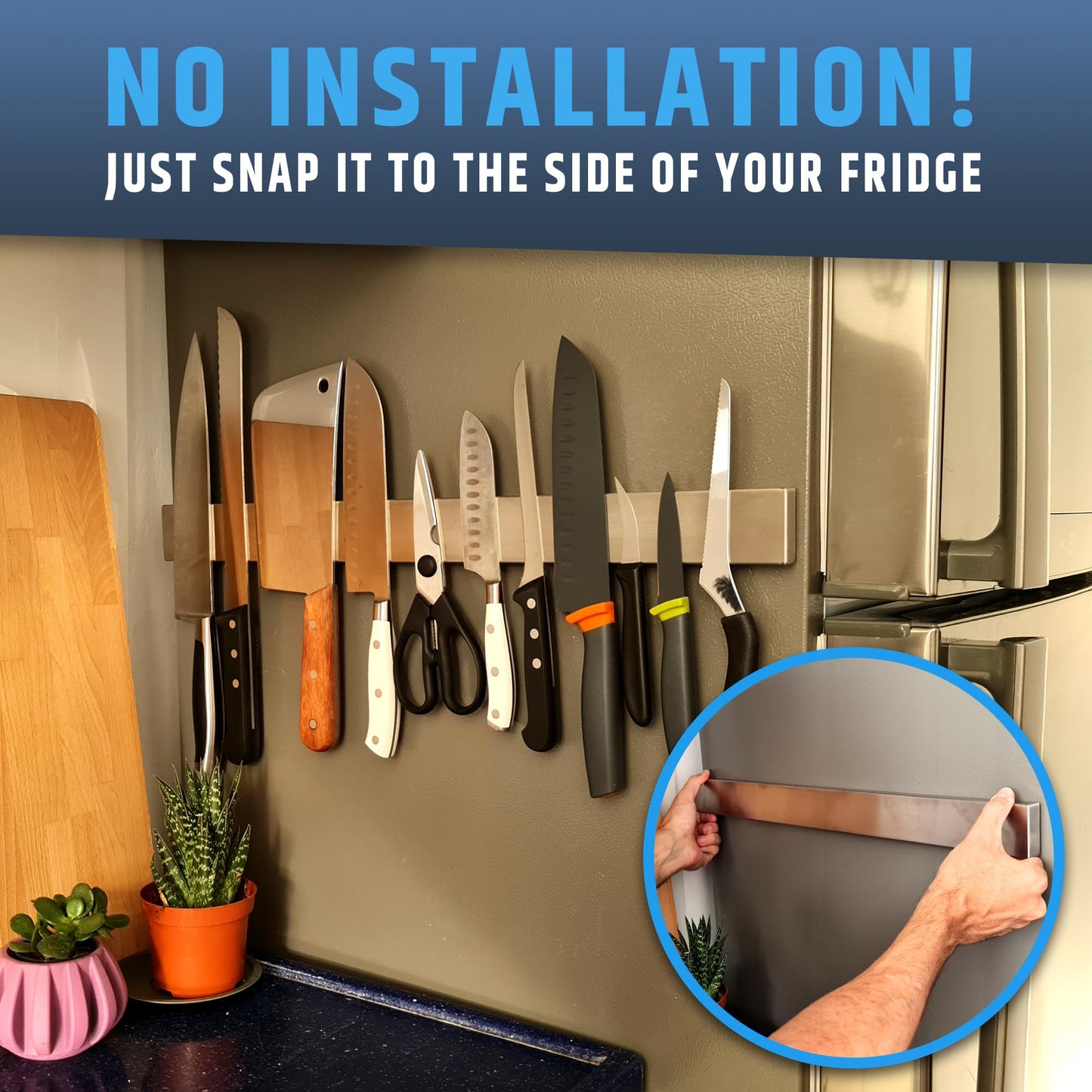 22" Premium Magnetic Knife Holder for Refrigerator (Double-Sided Heavy-Duty Magnets) - Upgraded Strip for Strong Fridge Mount - Clear Up Counter Space - 304 Anti-Rust Stainless Steel (Upgraded Design)