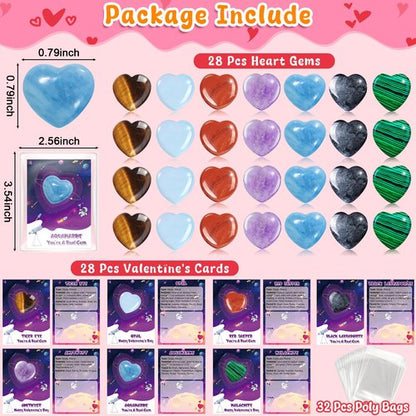 iMopo 28 Pcs Valentines Day Gifts for Kids Classroom - Heart Gemstones with Valentines Cards Goodie Bags, Crystal Rocks Bulk Exchange Party Favors for Girls Boys, School Teacher Prizes