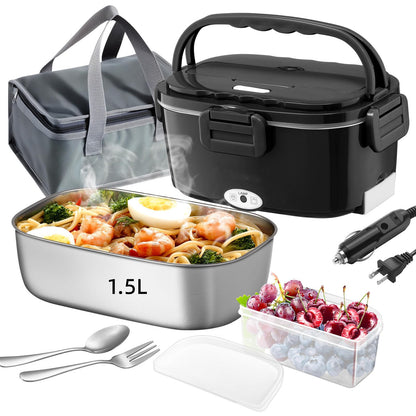 Vidaskeci Electric Lunch Box For Adults, 80W 1.5L Electric Heated Lunch Box Portable Food Warmer for Adults, 12V/24V/110V Car Truck Office Home, Leakproof 304 Stainless Steel Plug in Lunch Heater