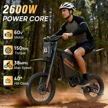 Bopzin Electric Dirt Bike for Teens & Adults - Peak 2600W 38MPH, 14"/12" Tires Agile Off-Road eMotorcycle, 60V 23AH 100+ Miles Range eBike, Full Suspension & Hydraulic Brakes, UL2849 Certified