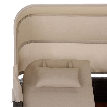 SAFAVIEH Outdoor - Victoria Grey Brown & Taupe Double Daybed, Rattan Canopy Lounger with Reversible Cushions, Cup Holders, Patio Furniture for Deck, Backyard, Poolside (PAT7759A)