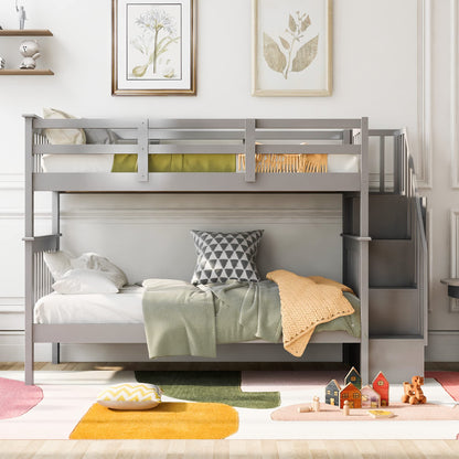 Ball & Cast Twin-Over-Twin Bunk Bed with Storage Ladder and Full-Length Guard Rail,Wood Bunkbed w/Slat Support,Space Saving,Bedframe Furniture for Student Dorms,Studio,Gray