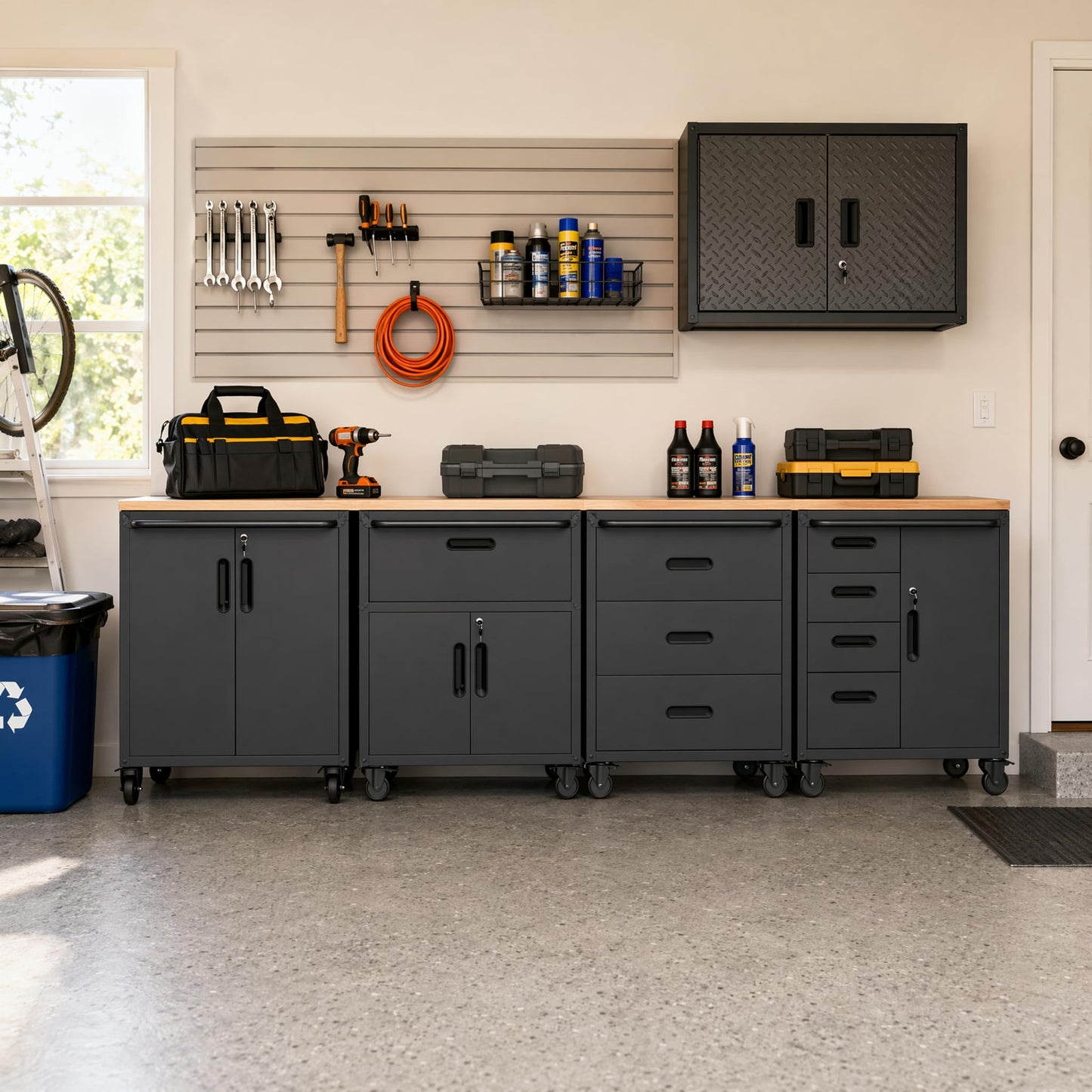 VIYET 4-Pack Rolling Garage Tool Cabinet,Heavy Duty Steel Rolling Tool Chest with Lockable Doors & Adjustable Shelves,Mobile Workshop Storage Cart for Garage Organization,Black