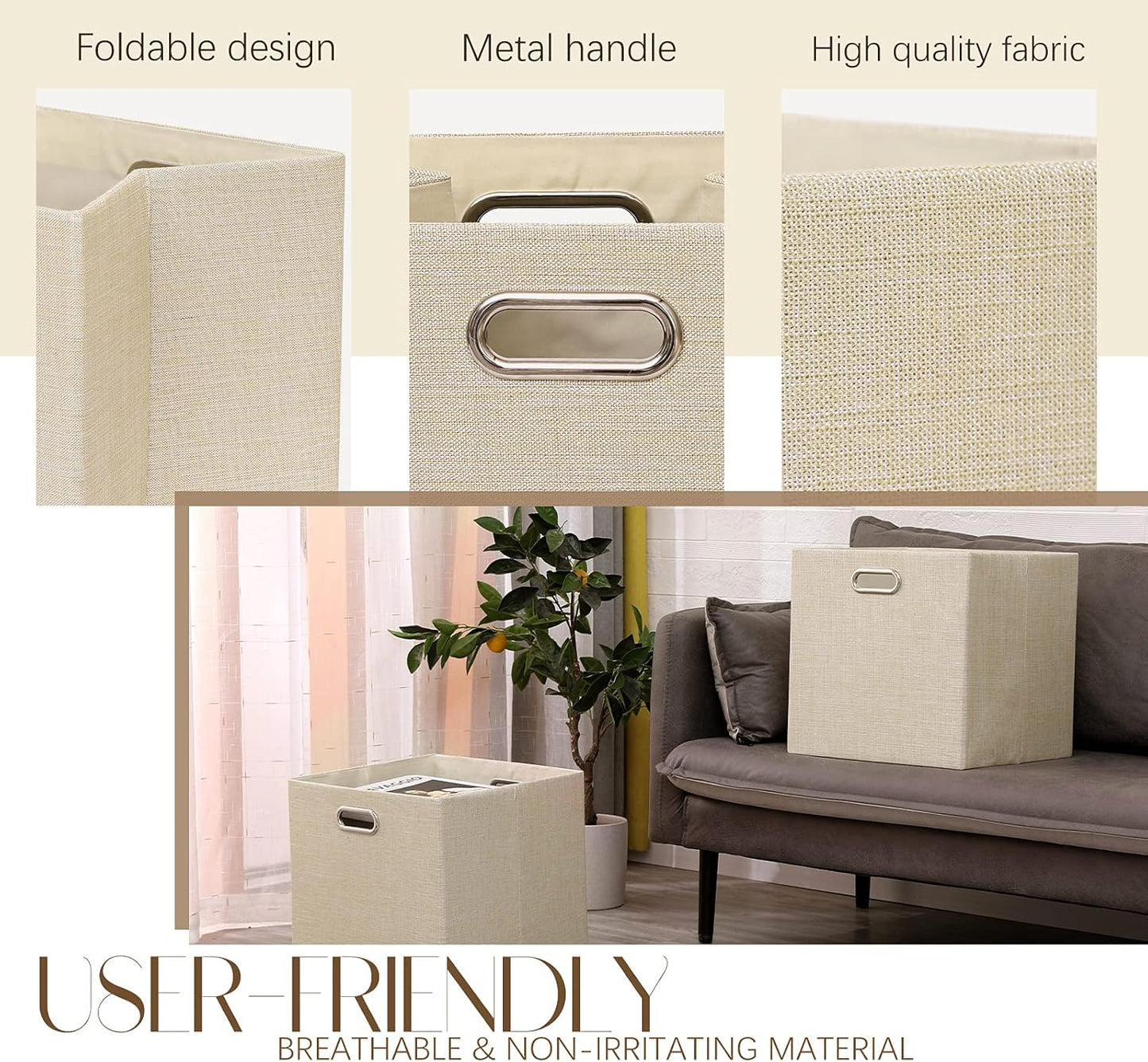 Cube Storage Bins 13×13 Linen - Foldable Box with Handles, Set of 4 for Closet, Shelf, Cabinet Organization