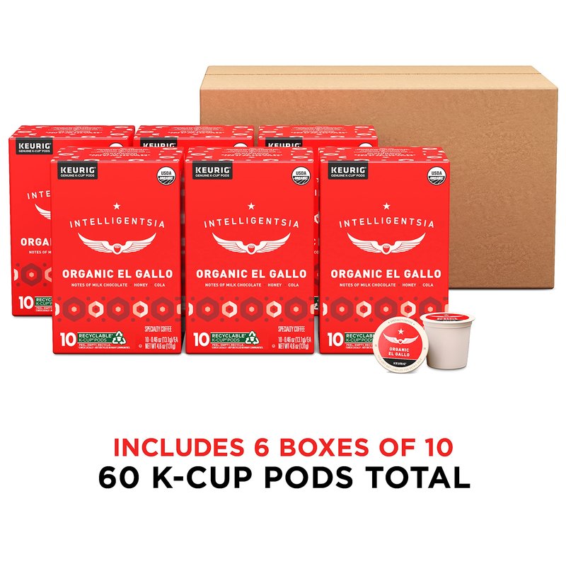 Intelligentsia Coffee, Light Roast K-Cup Coffee Pods for Keurig Brewers - Organic El Gallo 60 Count with Flavor Notes of Milk Chocolate, Honey and Cola (6 Boxes of 10 K-Cup Pods)