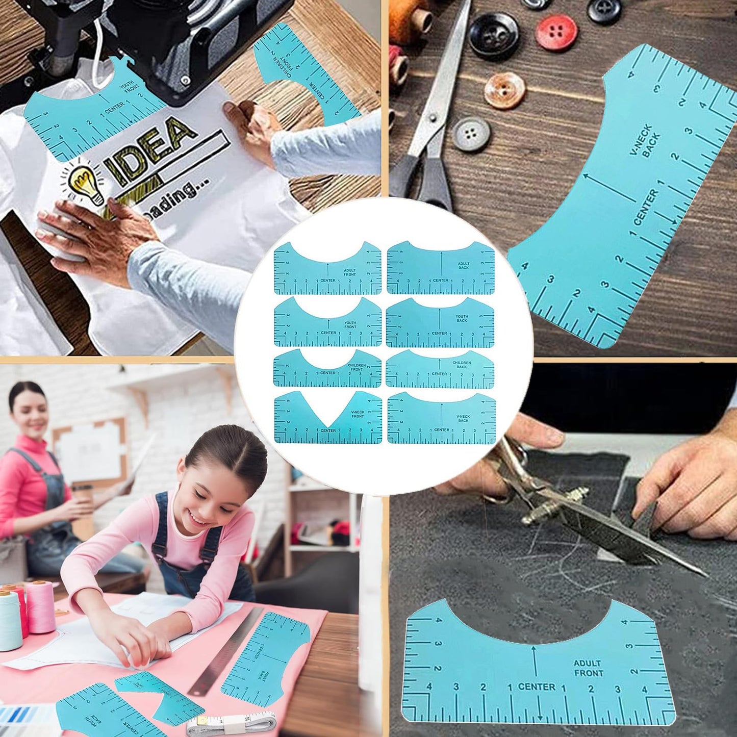 QUKLOGEN Sublimation Shirts Tool Kits Shirt Measure Ruler Set Include 12 T Shirt Guide Ruler,Portable Pad for Ironing,Teflon Sheet for Heat Press,Heat Resistant Tape Craft Sewing Accessories
