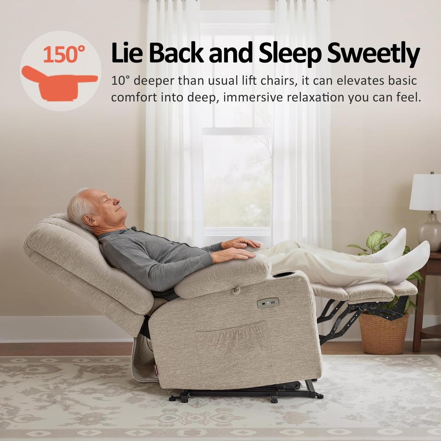 MCombo Power Lift Recliner Chair for Elderly, Lift Chair with Heat and Massage, USB &Type C Ports, Cup Holders, Fabric 7095 (Medium, Beige)