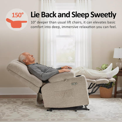 MCombo Power Lift Recliner Chair for Elderly, Lift Chair with Heat and Massage, USB &Type C Ports, Cup Holders, Fabric 7095 (Medium, Beige)