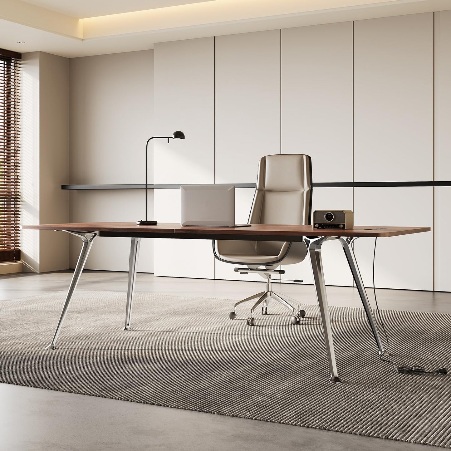Writing Computer Desk, 60-Inch Large Executive Desk Office Workstation with Chrome-Plated Legs and Built-in Power Outlet, Writing Table Business Furniture, Modern Minimalist Style for Home Office