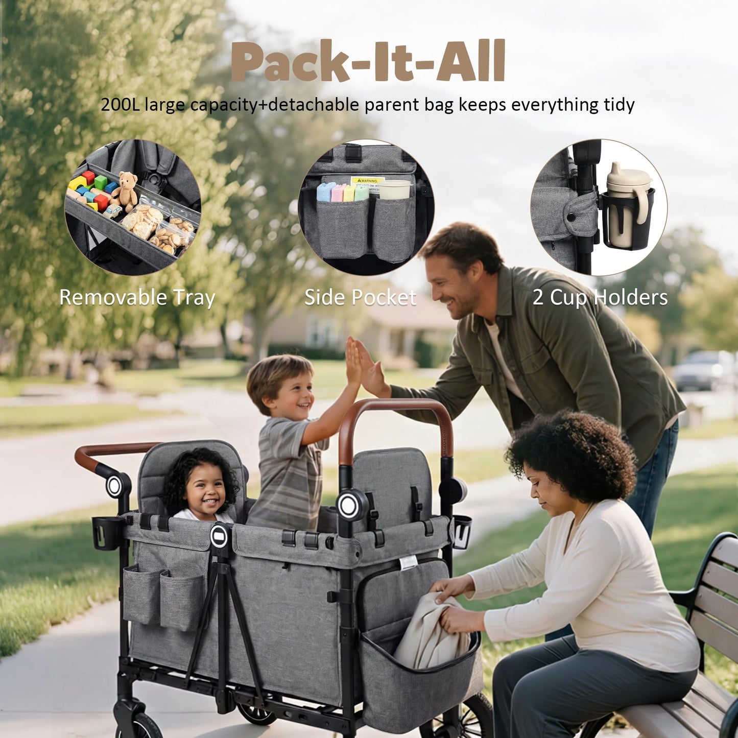 TODEFULL Wagon Stroller for 4 Kids, Foldable Kids Wagon Cart Featuring with Harnesses, Adjustable Double Push Handle, Removable Canopy, Snack Tray, Large Storage Bag