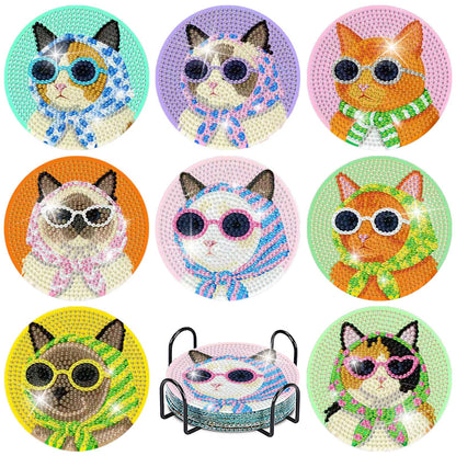 Yijingtop 8 Pcs Retro Cat Diamond Painting Coasters Kits with Holder,Funny Cat Diamond Art Coasters with Wooden Cork,DIY Round Drill Small Diamond Art for Adults for Home Wall Decor