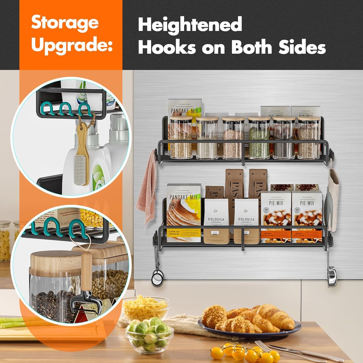 Magnetic Spice Rack for Refrigerator, 4 Pack Fridge Shelf with Hooks, Kitchen Organization and Storage Gadgets