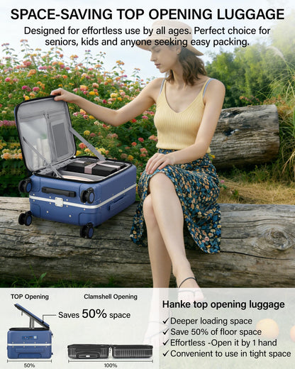 Hanke 28 Inch Top Opening Hard Shell Checked Luggage, PC Aluminum Frame Large Trunk Luggage with Cup Holder & USB Ports, TSA Lock, 8 Silent Spinner Wheels, Removable Divider, Interstellar Blue