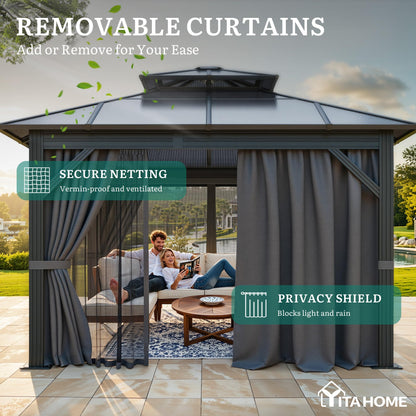 YITAHOME 10X10FT Polycarbonate Hardtop Gazebo Outdoor Patio Double Top Canopy Galvanized Iron Metal Column Garden Tent Curtains Netting for Backyards Decks Lawns,Gray