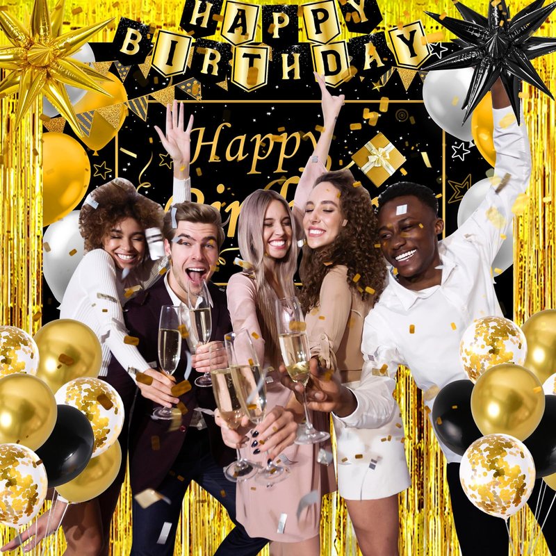 Black and Gold Birthday Decorations for Men Women, Black Gold Party Decorations Kit with Happy Birthday Banner Backdrop Tablecloth Foil Curtains Balloons Arch, Happy Bday Party Supplies for Him