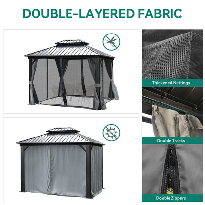 YITAHOME 10x12ft Gazebo Hardtop with Nettings and Curtains, Heavy Duty Double Roof Galvanized Steel Outdoor Combined of Vertical Stripes Roof for Patio, Backyard, Deck, Lawns, Gray