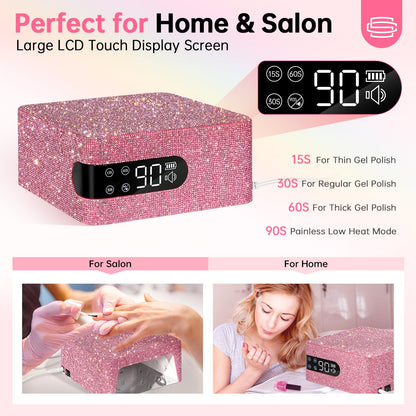 CHRISTINE SHELLY UV LED 96W Nail Lamp Gel Polish Light with 4 Timer Setting Plug-in Quick Dry Curing Lamp Pink & Nail Dust Collector Reusable Filters Powerful Vacuum Fan with Hand Pillow Pink