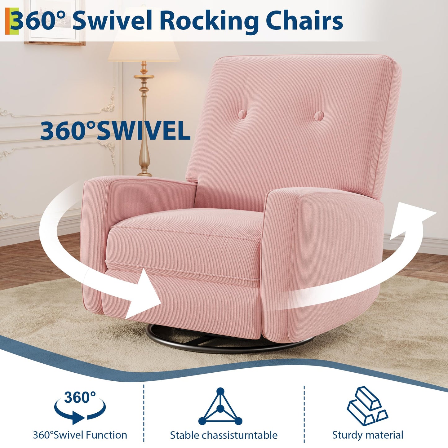 GarveeHome Recliner Chairs, Swivel Rocker Recliner, Glider Recliner Nursery Chair for Adults, 360° Swivel Glider Rocking Chair for Living Room, Bedroom, Office, RV, Small Spaces, Corduroy, Pink