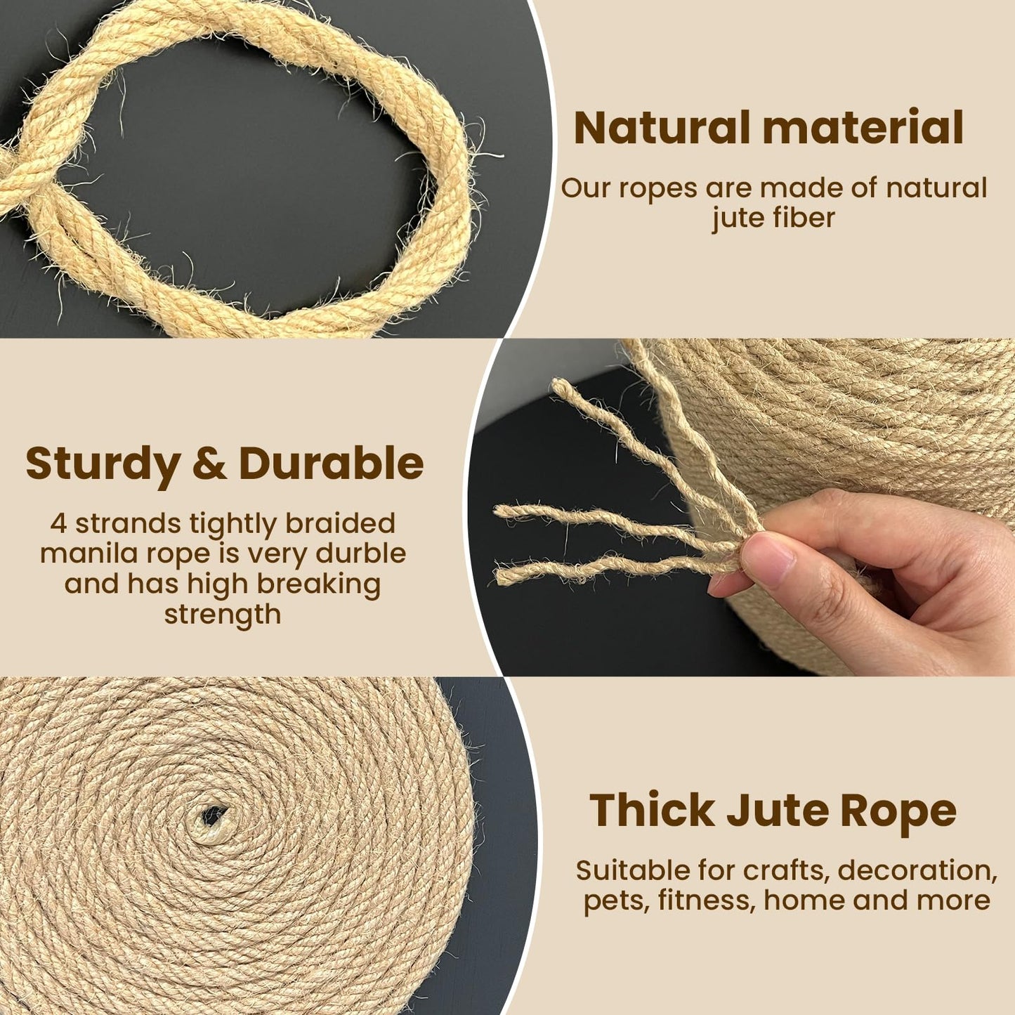 Natural Jute Twine 6mm x 328ft, 4Ply Twisted Heavy Duty Rope Roll for Gardening, Crafting, Bundling, Cat Scratching Post, Home Decor, Christmas Decorations