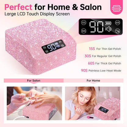 CHRISTINE SHELLY H20 UV Light for Gel Nails, 96W Rechargeable UV Nail Lamp & 504 Nail Dust Collector, Bling Diamond Rechargeable 5000RPM Vacuum Nail Tech Fan Extractor