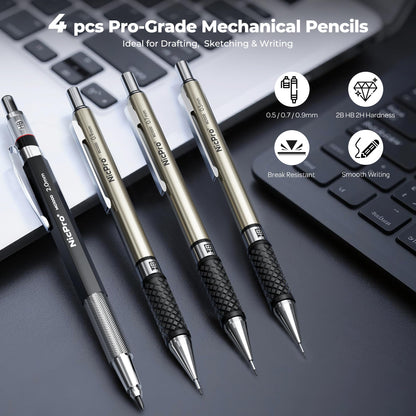 Nicpro 16PCS Drafting Tools with 12‘’ Aluminum Architectural Scale Ruler, Mechanical Pencils 0.5, 0.7, 0.9 & 2mm, Lead Refills, 2 Pack Graph Paper, Geometry Drawing Kit for Engineers Students Design
