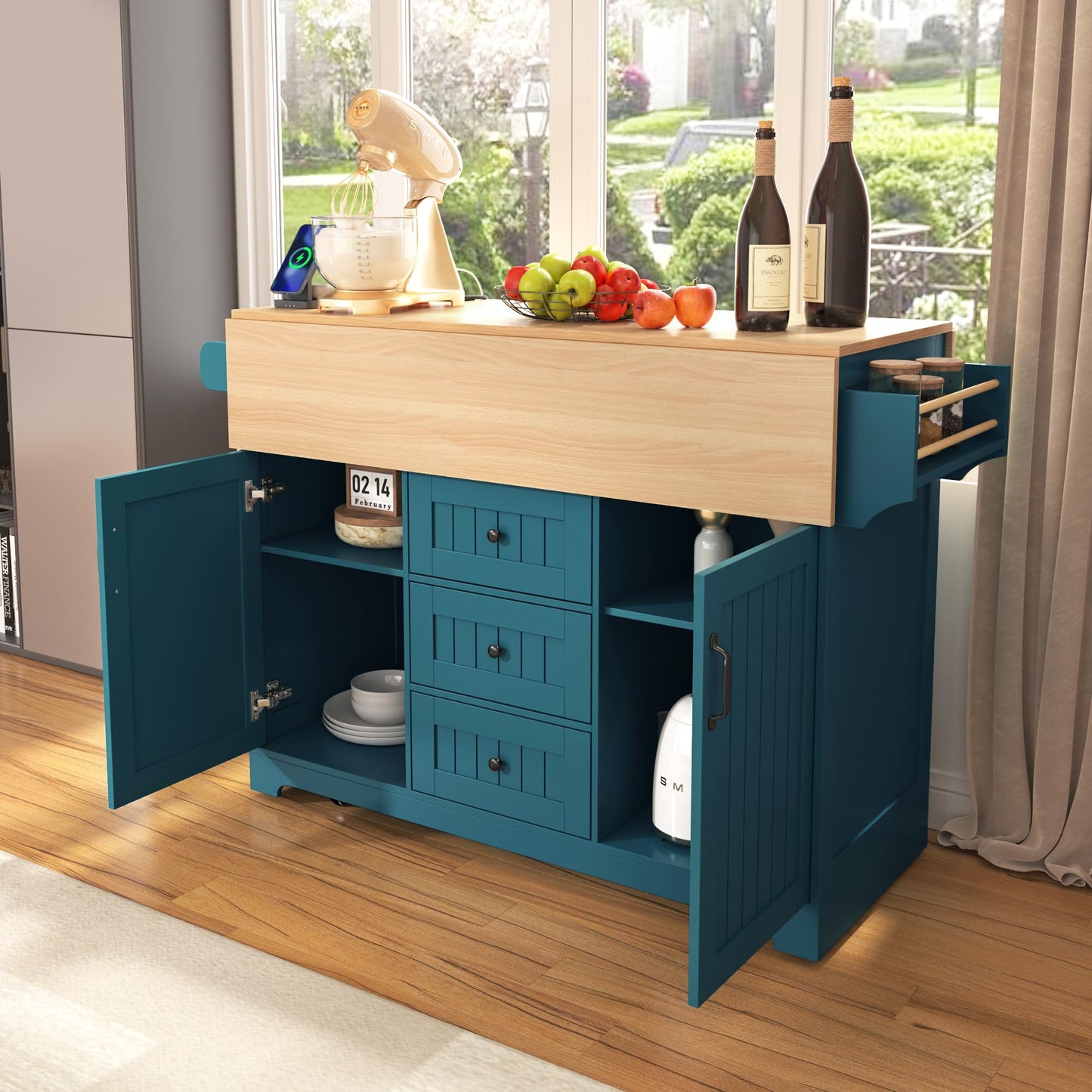 Ball & Cast Large Green Rectangular Kitchen Island with 2 Drop Leaf, 3 Drawers, 2 Doors, Folding Storage Dining Table, Spice & Towel Rack, Power Outlet & USB Port, 5 Wheels, 55.7"W x 34"D x 36.5"H