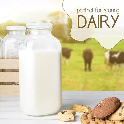 32oz kitchentoolz Square Glass Milk Bottle with White Metal Airtight Lids - Vintage Reusable Milk Jugs - Dairy Drinking