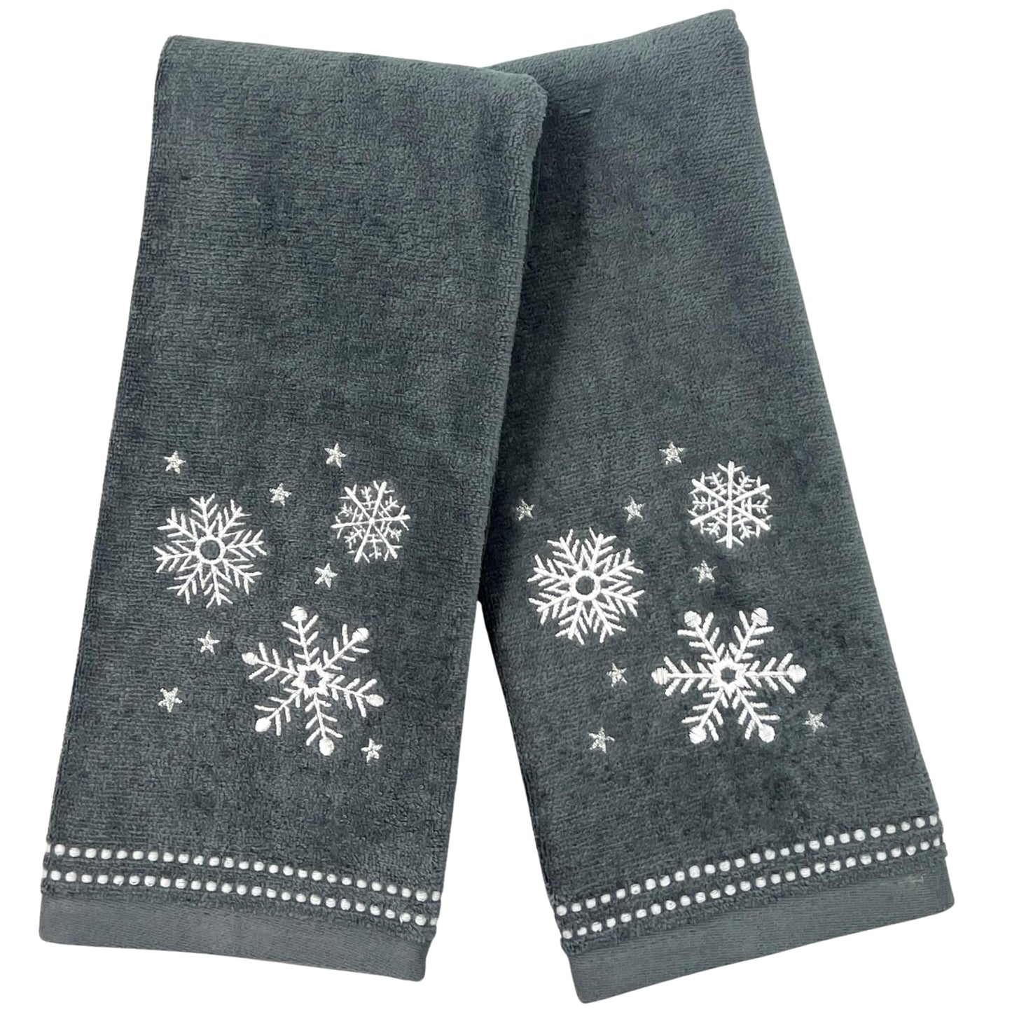 Serafina Home Christmas Hand Bathroom Towels, Set of 2, Embroidered Snowflakes and Stars, Dark Grey Velour Terry Cotton 16" x 25", Winter Holiday Decor for Kitchen or Bath