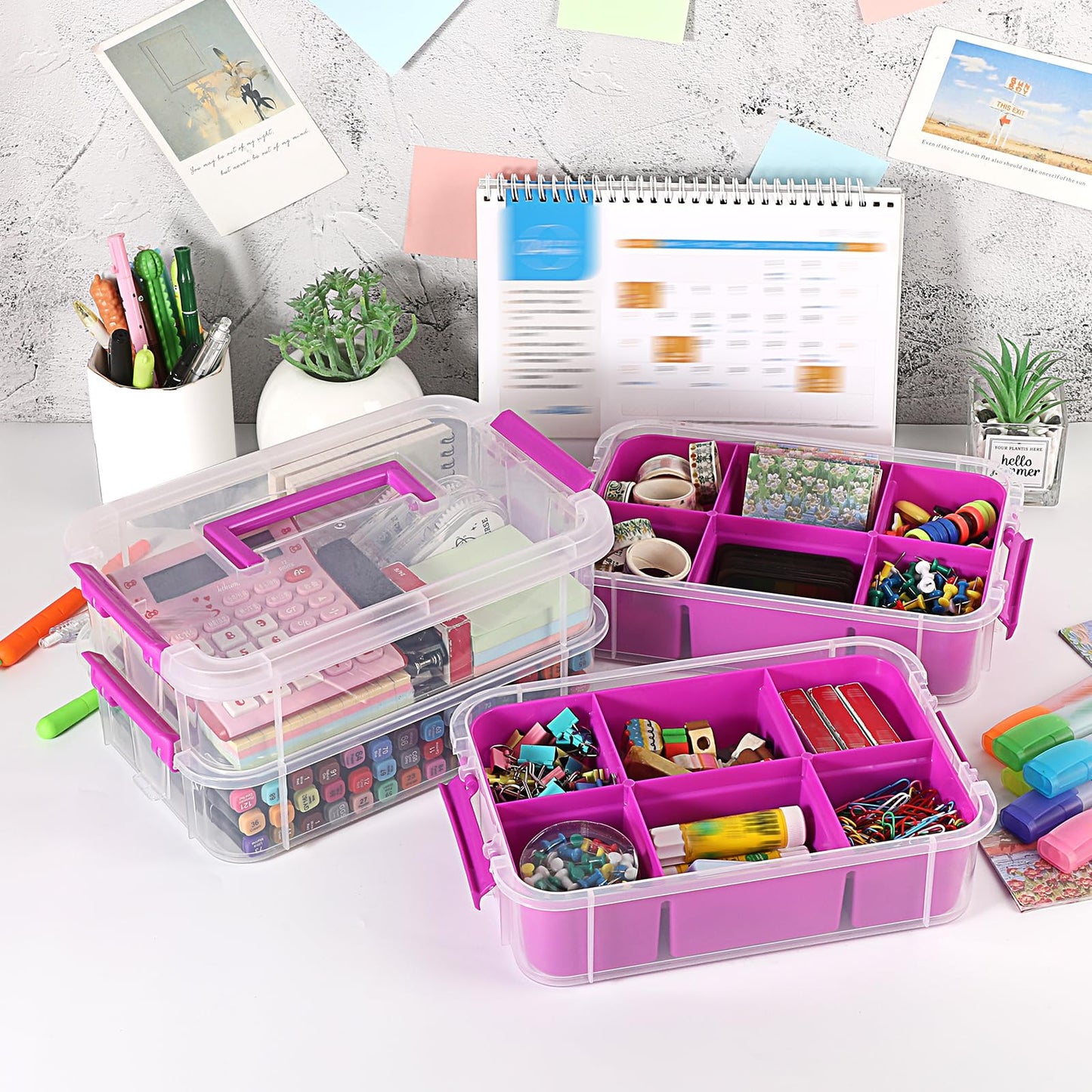 JUXYES 4-Tiers Stack Carry Storage Box With 2 Divided Tray, Transparent Stackable Storage Bin With Handle Lid Latching Storage Container for School & Office Supplies, Purple