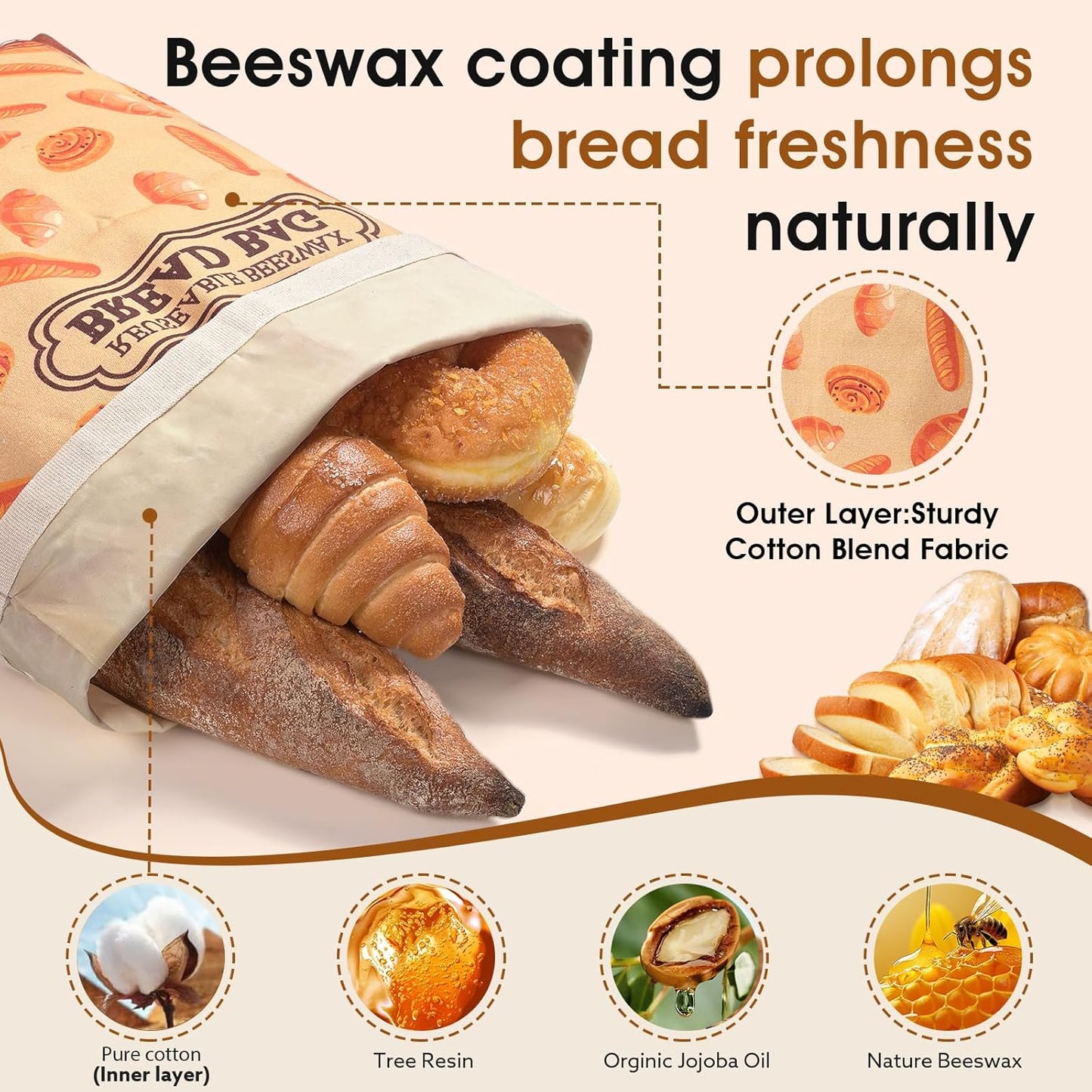 1 Pack Beeswax Bread Bags for Sourdough Homemade Bread, XL Cotton Lining Sourdough Reusable Natural Beeswax Bread