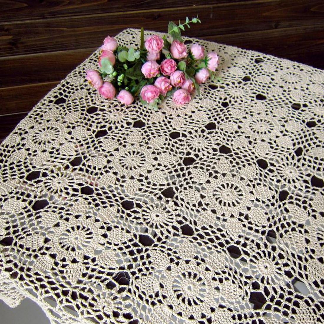 Hsvanyr 39inches Beige Tablecloth, Handmade Crochet Cotton Square Coffee Table Cover