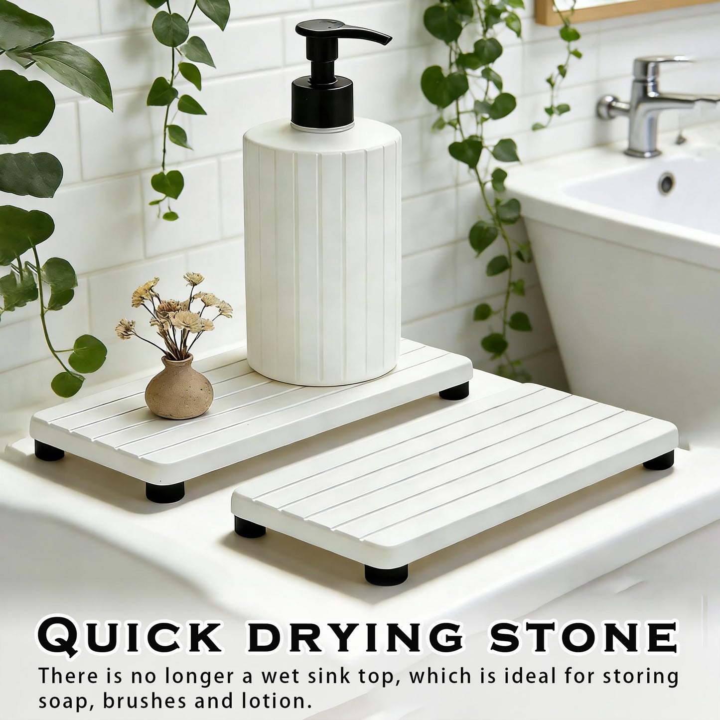 2PCS Stone Drying Tray, Water Absorbing Stone Tray for Sinks, Neat Diatomite Sink Trays, Fast Drying Kitchen Sponge Hand Soap Holder, Instant Dry Sink Coasters Used for Bathroom Counter -White