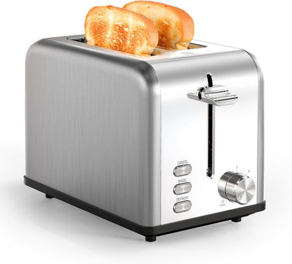 YSSOA 2-Slice Toaster - Silver, 6 Browning Settings, 3 Functions, Extra Wide Slot & Removable Crumb Tray for Bread &