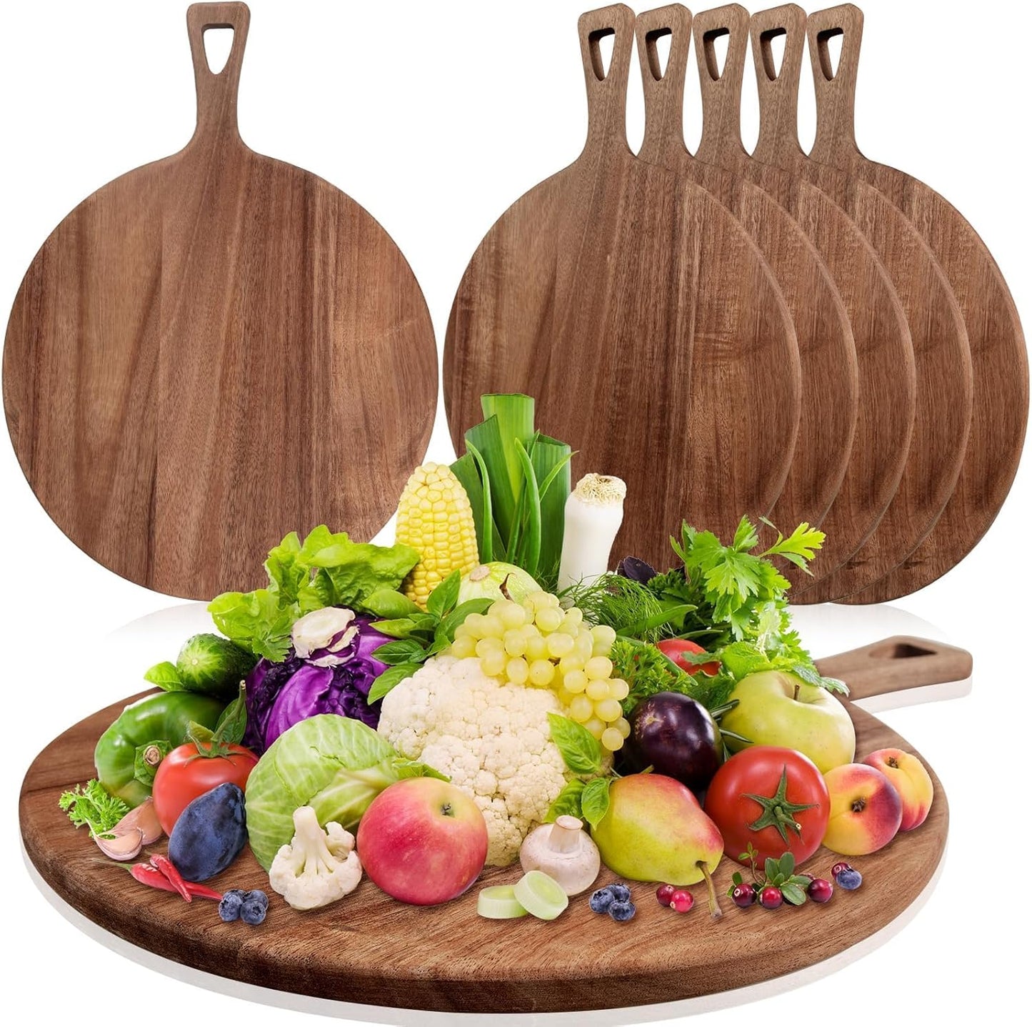 15.4 11.4 Inch 6 x Pcs Acacia Large Wood Cutting Board with Handle Round Large Wooden Cutting Boards Cutting Serving