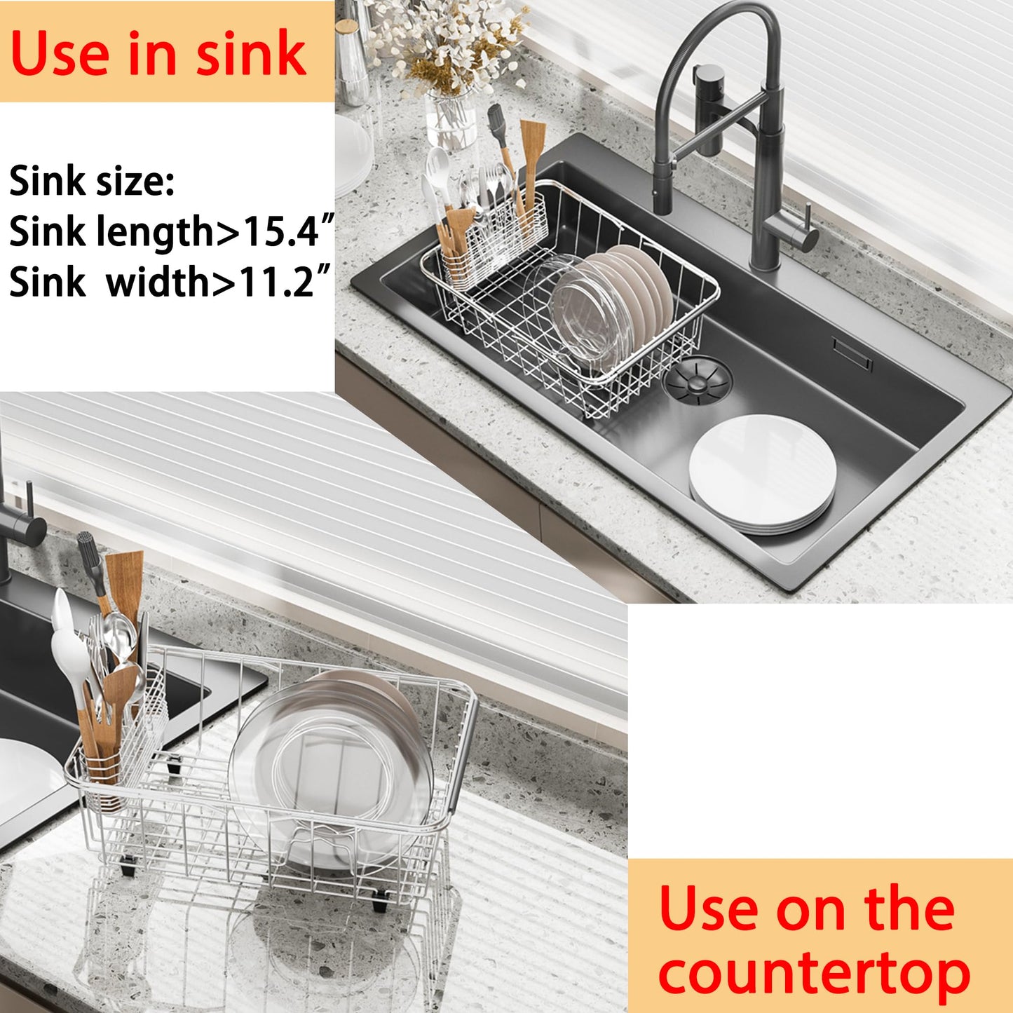NiuYichee Stainless Steel Dish Drying Rack(15.2"L X 11"W X 5.3"H), Expandable Fruit & Vegetable Drain Rack over Sink, Dish Drainer Rack in Sink, with Stainless Steel Utensil Holder & Silicone Mat(16")