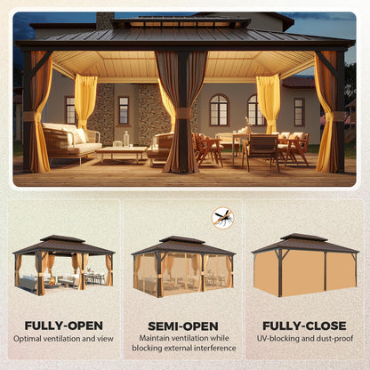 YOLENY 12' x 18' Gazebo Hardtop with Aluminum Frame,Galvanized Steel Double Roof Gazebos with Curtain and Netting,Outdoor Metal Pergolas for Garden, Lawn, Deck, Brown