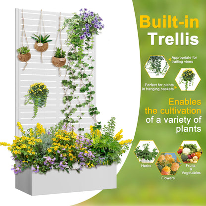 FENCY Metal Raised Garden Bed with Trellis, Metal Planter Box with Trellis, Garden Box for Climbing Plants Vegetable, 35" Lx16 Wx71 H Garden Bed with Drainage Holes(White-Louvered)