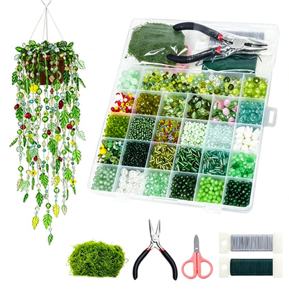Yivioep 5600pcs Green Glass Beads Beaded Plant Kit for DIY Artificial Plants, Leaf Beads, Flower Beads, Crystal Beads, and Beads for Jewelry Making, for Sun Catchers Green