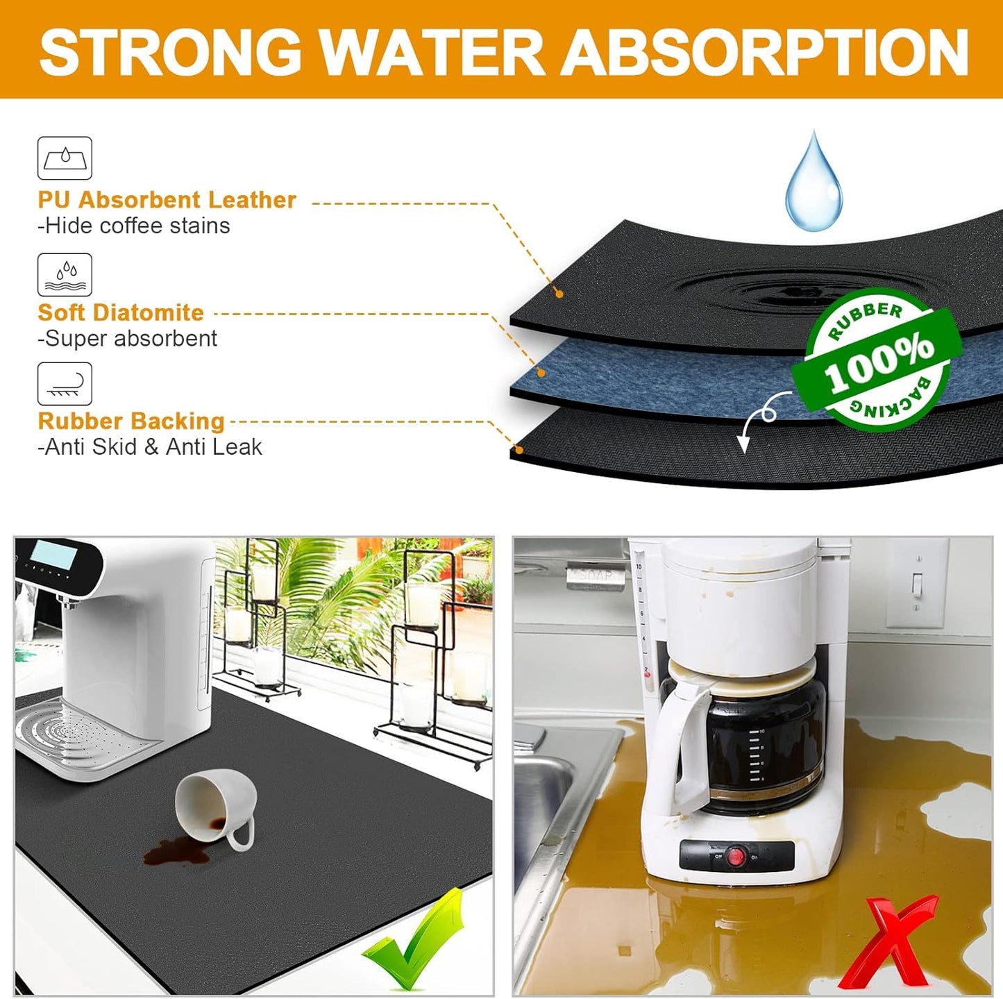 Dish Drying Mats for Kitchen Counter, Waterproof Mat for Coffee Bar Accessories, Deep Gray 16"*19"